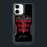 Funny Emotional Support Device Personalized Black iPhone 16 Case<br><div class="desc">This funny iPhone case is perfect for the person who can't live without their phone. The design features a medical symbol and the words "Emotional Support Device" in bright red lettering on a black background. There is space to personalize it with your name below. Great way to celebrate the fact...</div>