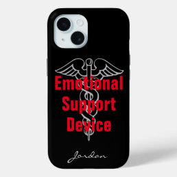 Funny Emotional Support Device with Name Black iPhone 15 Case
