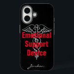 Funny Emotional Support Device with Name Black iPhone 16 Case<br><div class="desc">This fun iPhone case states what's all too true for many of us! The design features a black background with an image of a medical symbol with bright red bold text reading "Emotional Support Device." There is space at the bottom for your name. Great gag gift for someone who can't...</div>
