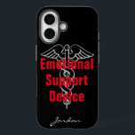 Funny Emotional Support Device with Name Black iPhone 16 Case<br><div class="desc">This fun iPhone case states what's all too true for many of us! The design features a black background with an image of a medical symbol with bright red bold text reading "Emotional Support Device." There is space at the bottom for your name. Great gag gift for someone who can't...</div>