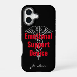 Funny Emotional Support Device with Name Black iPhone 16 Case