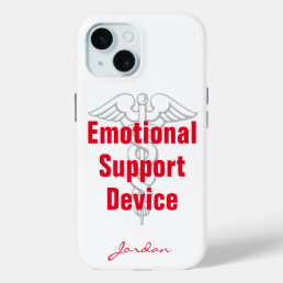 Funny Emotional Support Device with Name White iPhone 15 Case