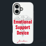 Funny Emotional Support Device with Name White iPhone 16 Case<br><div class="desc">This fun iPhone case states what's all too true for many of us! The design features a white background with an image of a medical symbol with bright red bold text reading "Emotional Support Device." There is space at the bottom for your name. Great gag gift for someone who can't...</div>