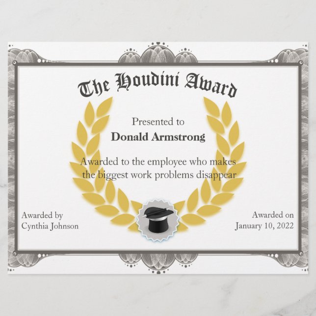 Funny Employee Award -  Houdini (Front)
