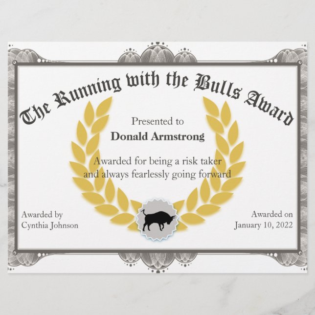 Funny Employee Award - Running with the Bull (Front)