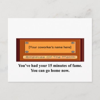 Funny Employee Of The Month Your Name Plate Postcard by marys2art at Zazzle