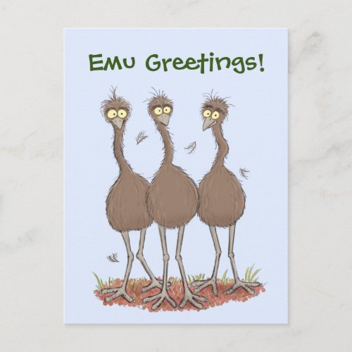 Funny emu trio cartoon illustration postcard