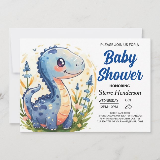  Funny Enchanted Blue Dinosaur Boy Baby Shower Invitation (Front)