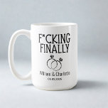 Funny Engagement Mug, F*cking Finally Mug, Couple  Coffee Mug<br><div class="desc">Celebrate the long-awaited “YES” with this funny engagement mug featuring the bold phrase “F*cking Finally”, paired with elegant engagement rings and custom couple names and date. Perfect as a unique engagement gift for couples who love humor, this personalized mug makes a memorable keepsake for morning coffee, proposal celebrations, or engagement...</div>