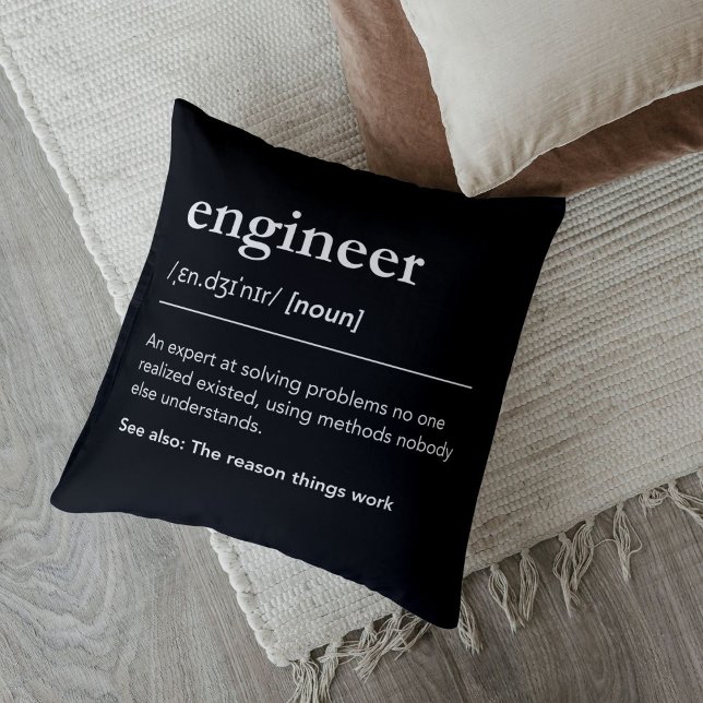 Funny Engineer Definition Engineering Black Throw Pillow (Creator Uploaded)
