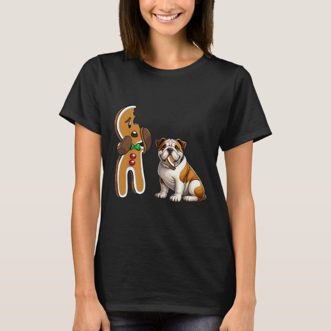 Funny English Bulldog Dog Biting Gingerbread Merry T-Shirt (Front)