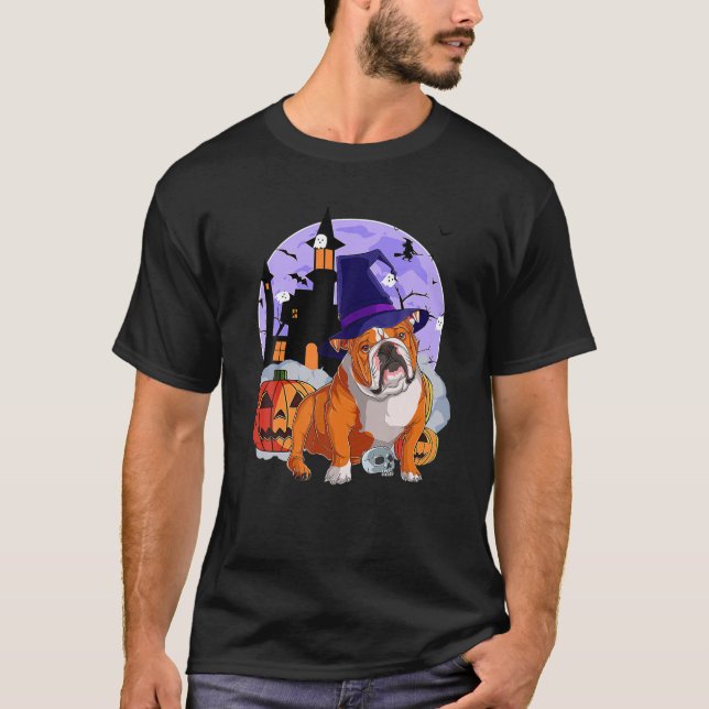 Funny English Bulldog Dog Halloween Witch Pumpkin T-Shirt (Front)