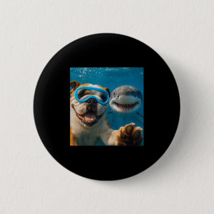 Funny English Bulldog Dog Selfie With Shark Ocean Button