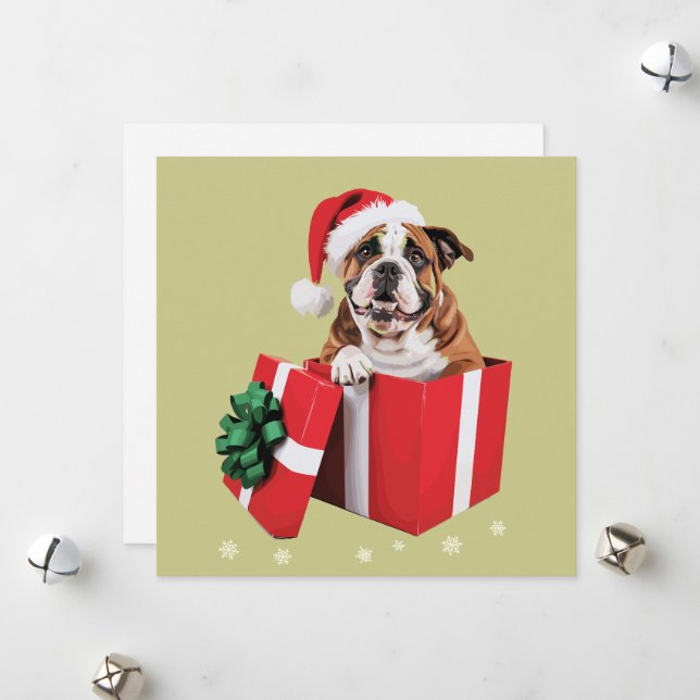 Funny English Bulldog Dog Tree Christmas Lights  Holiday Card (Front/Back In Situ)