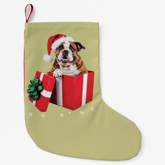 Funny English Bulldog Dog Tree Christmas Lights  Small Christmas Stocking (Front)