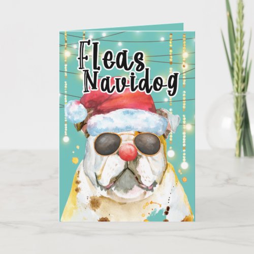 Funny English bulldog in lights happy holidays Card