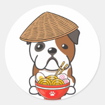 Funny english bulldog is eating noodles