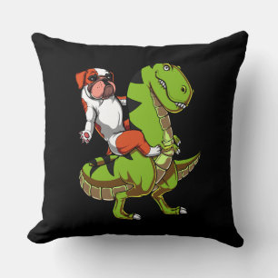 Funny English Bulldog Riding T-Rex Dinosaur Throw Pillow