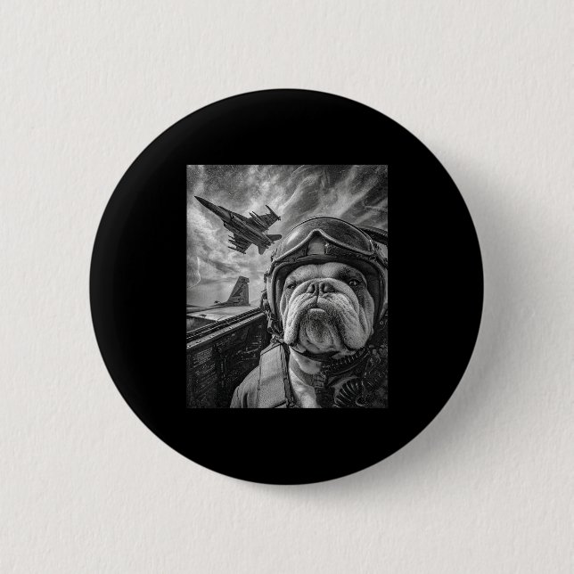 Funny English Bulldog Selfie Fighter Jet Lot Aviat Button (Front)