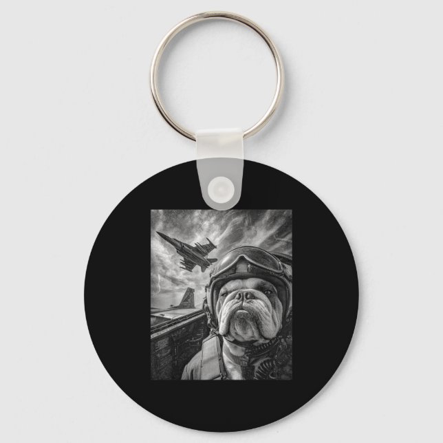 Funny English Bulldog Selfie Fighter Jet Lot Aviat Keychain (Front)