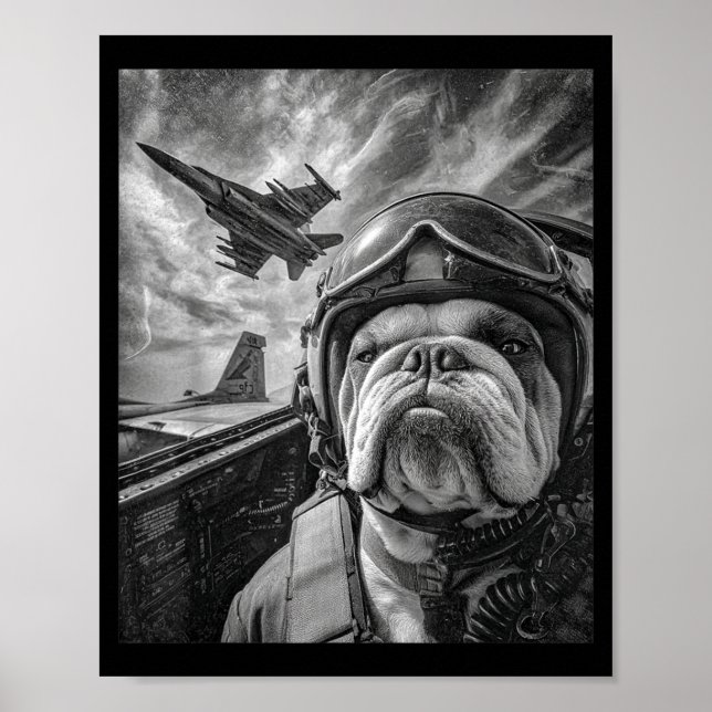 Funny English Bulldog Selfie Fighter Jet Lot Aviat Poster (Front)