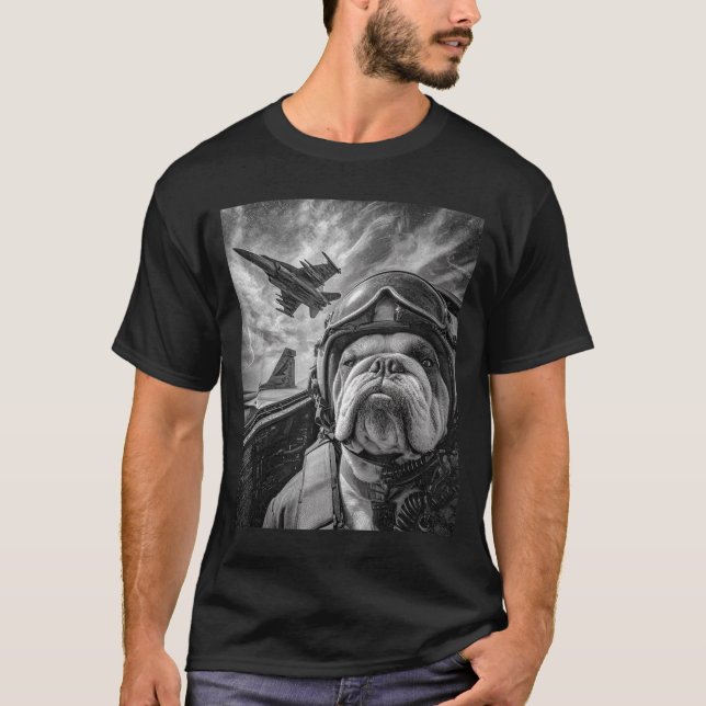 Funny English Bulldog Selfie Fighter Jet Lot Aviat T-Shirt (Front)