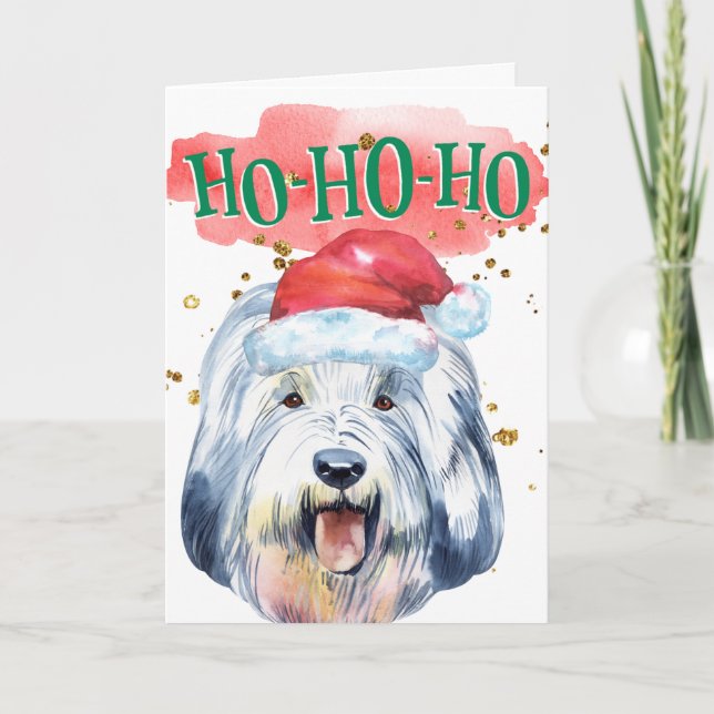 Funny English sheepdog Santa hat yappy howlidays Holiday Card (Front)