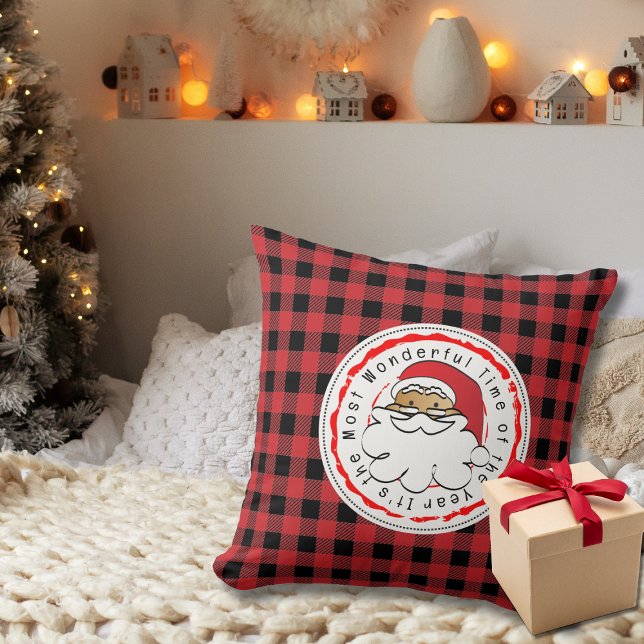 Funny Ethnic Santa Cartoon Red Black Buffalo Plaid Throw Pillow (Creator Uploaded)