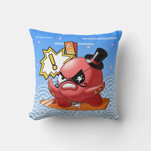 Funny Evil Octopus with Moustache and Seigaiha Throw Pillow (Front)