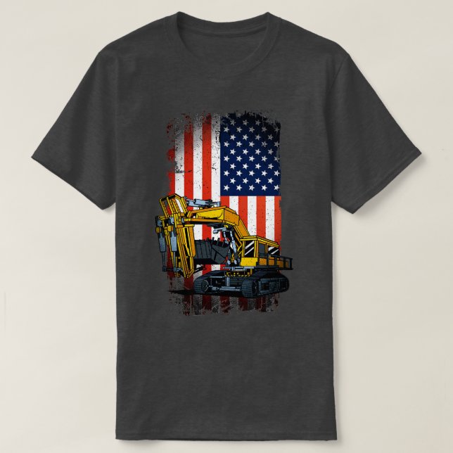 Funny Excavator Heavy Machinery US Flag T-Shirt (Design Front)