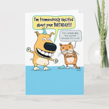 Funny Excited Dog And Bored Cat Birthday Card by chuckink at Zazzle