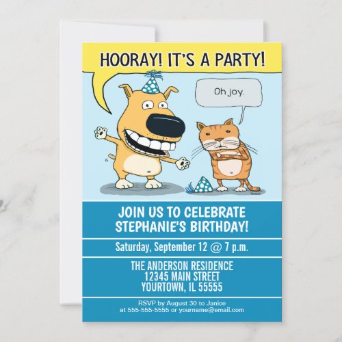 Funny Excited Dog Grumpy Cat Birthday Party Invitation
