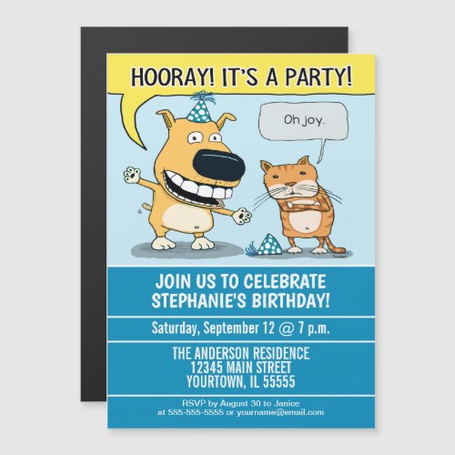 Funny Excited Dog Grumpy Cat Birthday Party Magnetic Invitation