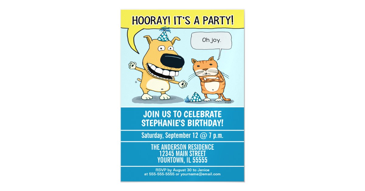 Funny Excited Dog Grumpy Cat Birthday Party Magnetic Invitation