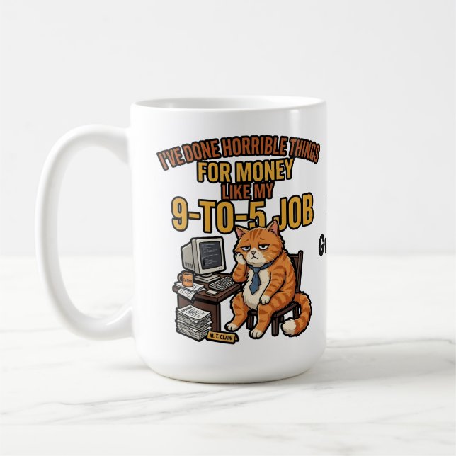 Funny Exhausted Ginger Cat 9-to-5 Work Humor Coffee Mug (Left)