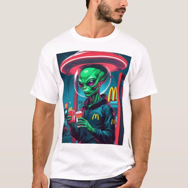 Funny Extraterrestrial Fast Food Design T-Shirt (Front)