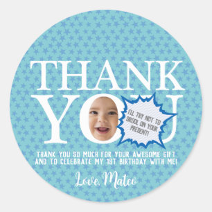 Funny face blue birthday party thank you Sticker