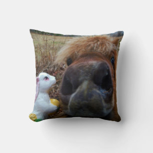 Funny Face Brown horse & Easter Bunny Throw Pillow