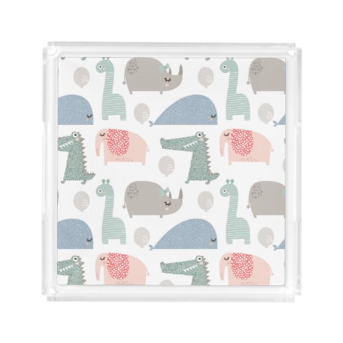 Funny Face Cute Doodle Animal Pattern Acrylic Tray