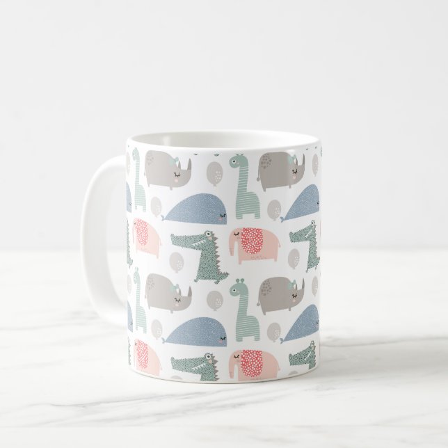 Funny Face Cute Doodle Animal Pattern Coffee Mug (Front Left)