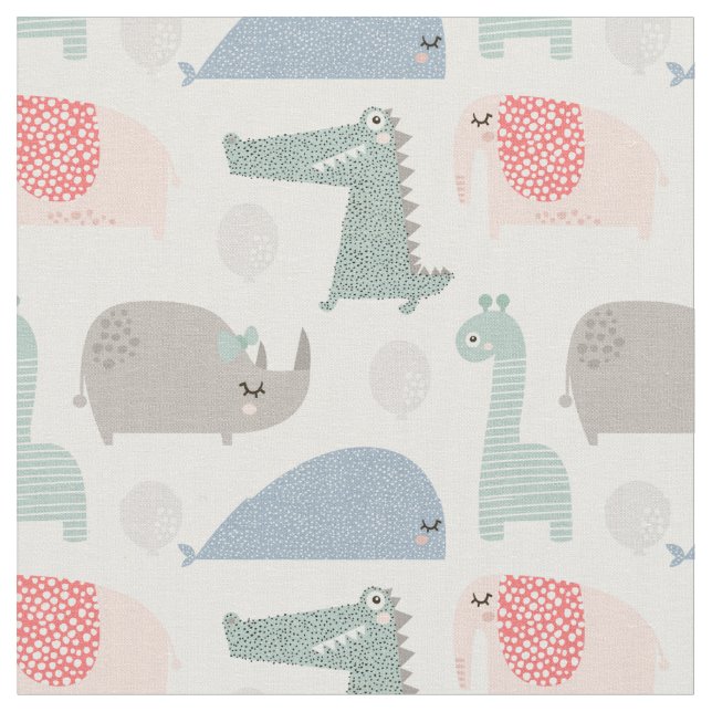 Funny Face Cute Doodle Animal Pattern Fabric (Close Up)