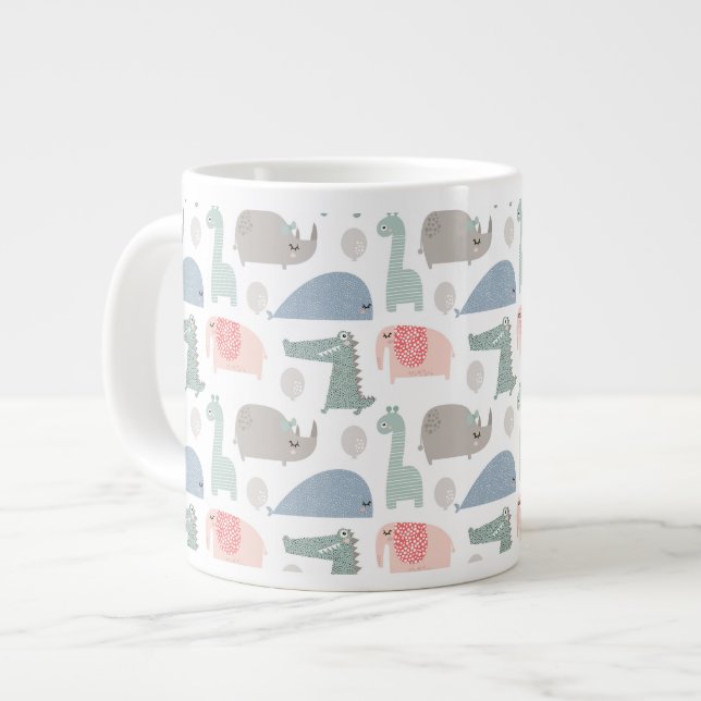 Funny Face Cute Doodle Animal Pattern Giant Coffee Mug (Front Left)