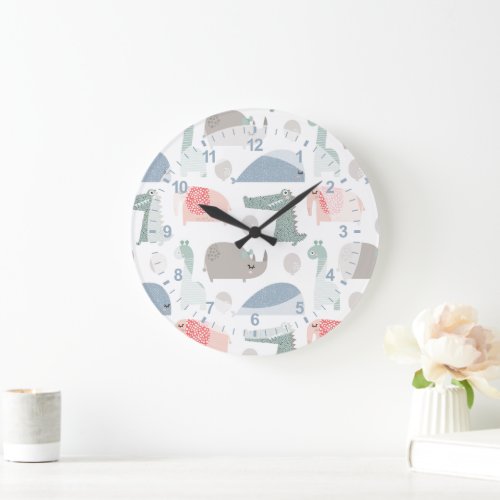 Funny Face Cute Doodle Animal Pattern Large Clock
