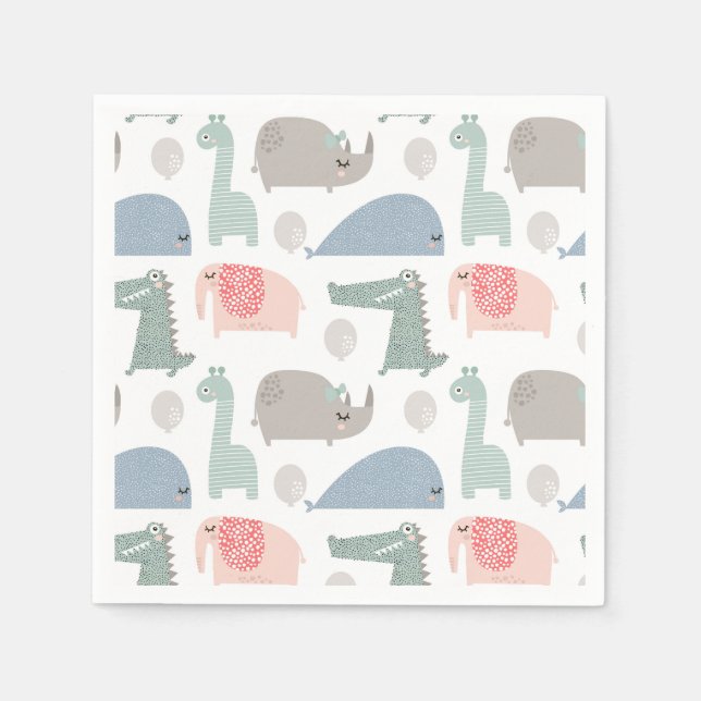 Funny Face Cute Doodle Animal Pattern Napkins (Front)