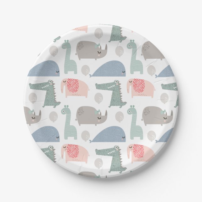 Funny Face Cute Doodle Animal Pattern Paper Plates (Front)