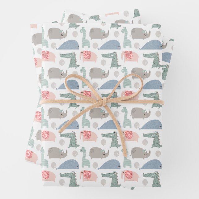 Funny Face Cute Doodle Animal Pattern Wrapping Paper Sheets (In situ)
