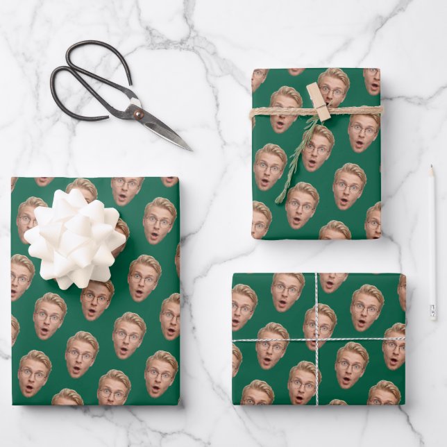 Funny Face Green Custom Photo Birthday Wrapping Paper Sheets (Front)