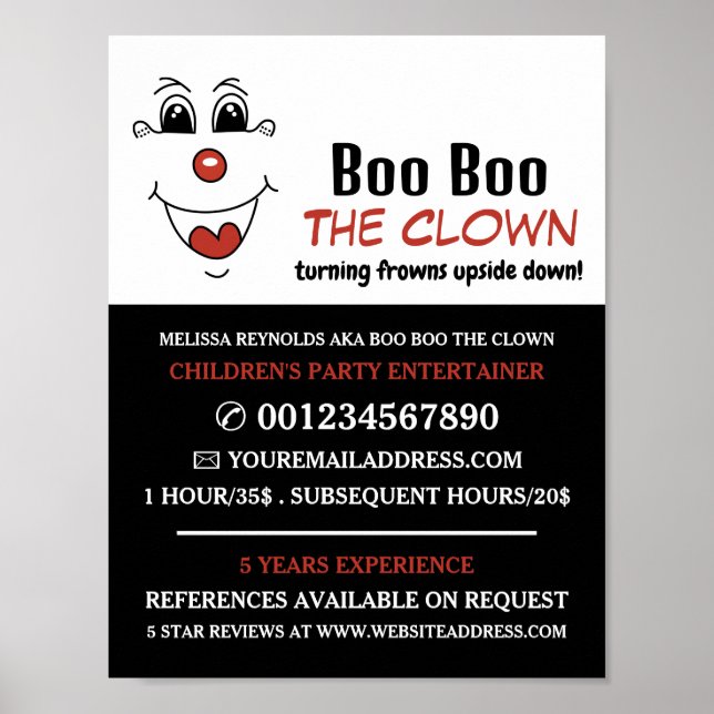 Funny Face, Kids Entertainer, Clown Advertising Poster (Front)