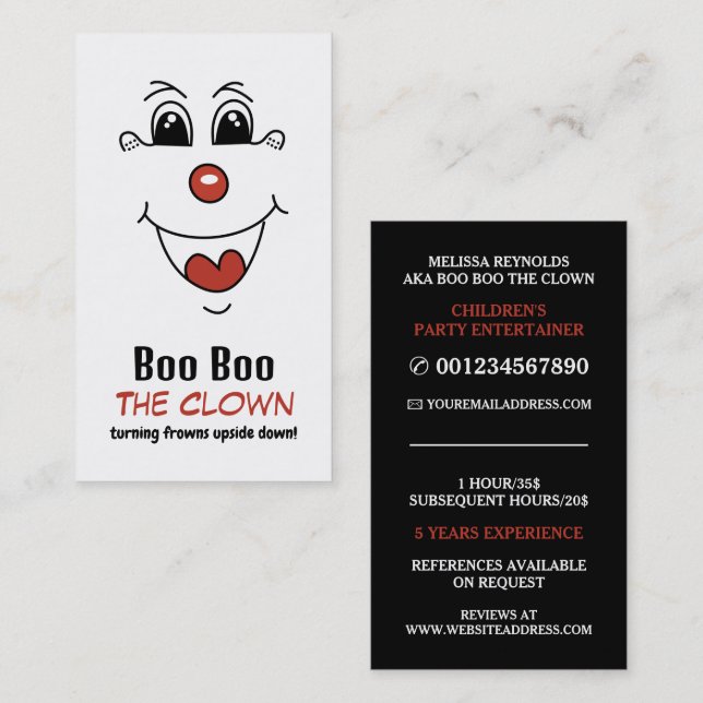 Funny Face, Kids Entertainer, Clown Business Card (Front/Back)