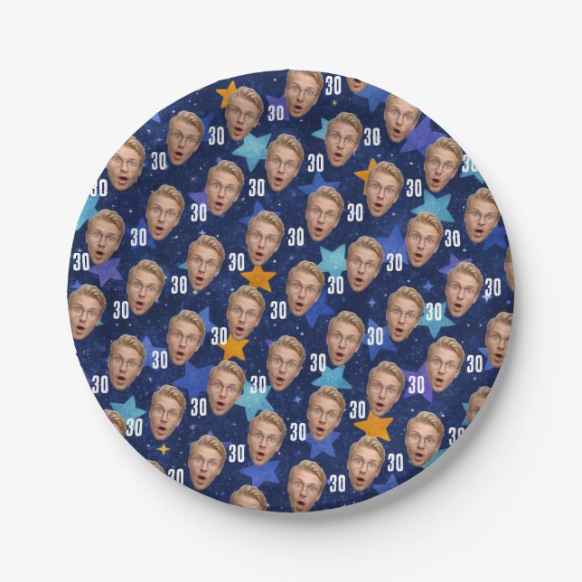 Funny Face Personalized Photo Blue Party Paper Plates (Front)